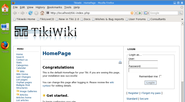 07: Una vegada que facis clic en la icona Tikiwiki a l'esquerra de la pantalla, s'iniciarà Tiki